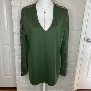 The Limited Green Beaded Sleeve V Neck Blouse L